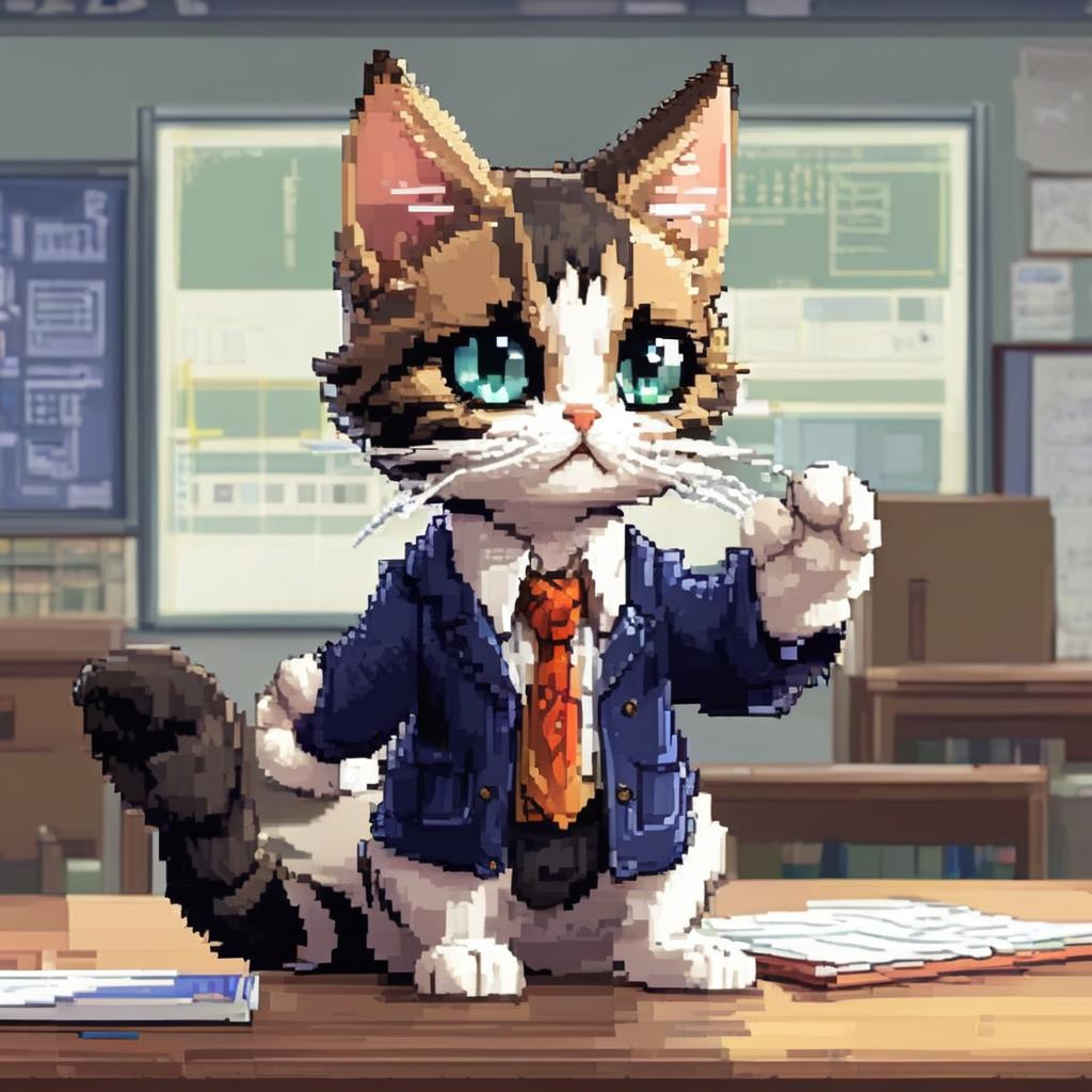 A cat dressed as a scientist standing on a desk